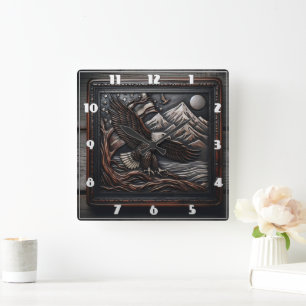 Eagle Sculpture With Mountain and Flag Design Square Wall Clock