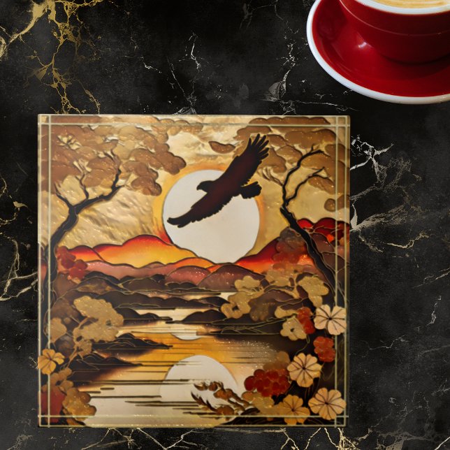 Eagle Silhouette Over Sunset Mountains and Valley  Ceramic Tile (Creator Uploaded)