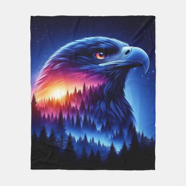 Eagle Silhouette with Forest Sunset Fleece Blanket (Front)