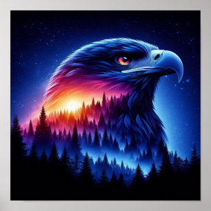 Eagle Silhouette with Forest Sunset Poster
