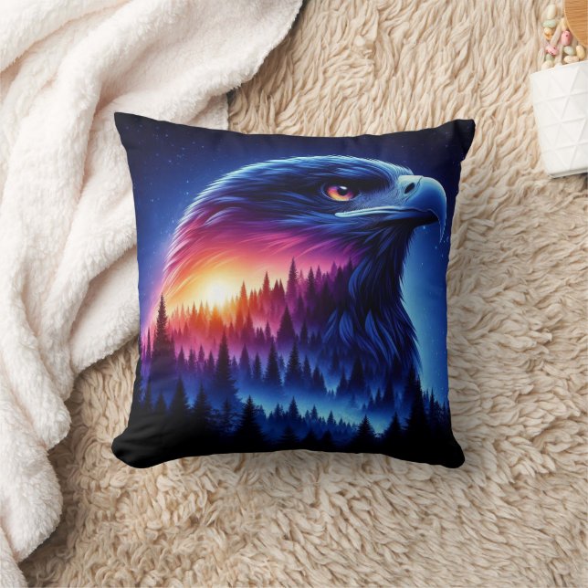 Eagle Silhouette with Forest Sunset Throw Pillow (Blanket)