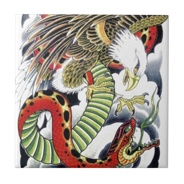 Eagle & Snake Japanese Tattoo Design Tile | Zazzle