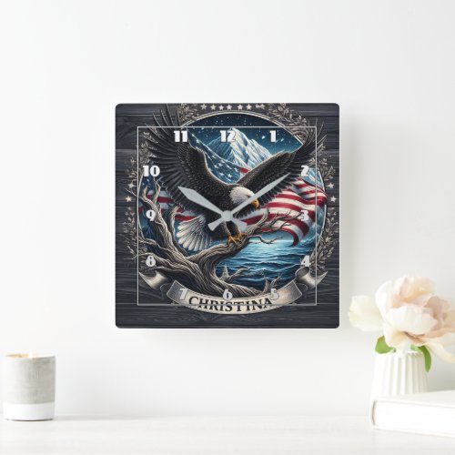 Eagle Soaring Above Mountains With American Flag Square Wall Clock