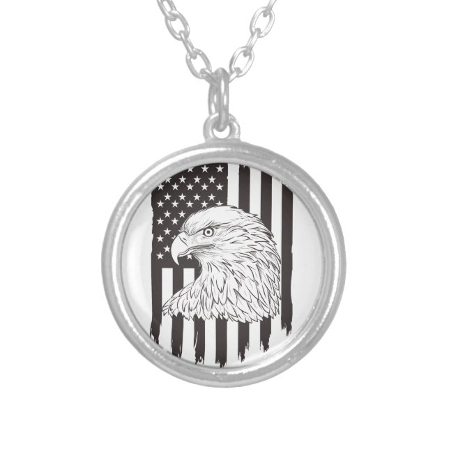 Eagle Soaring With American Flag Silver Plated Necklace (Front)