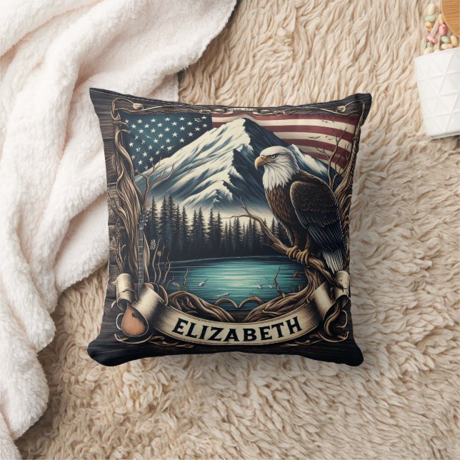 Eagle Soaring With Mountain and Flag Throw Pillow (Blanket)
