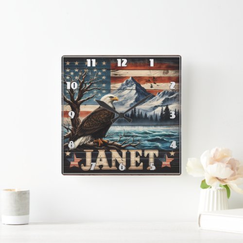 Eagle Soars Over Mountains and Flags Square Wall Clock