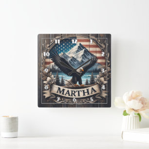 Eagle Spreading Wings by Mountains Square Wall Clock