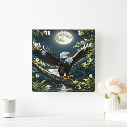 Eagle Spreading Wings on Branch Under Moonlight Square Wall Clock