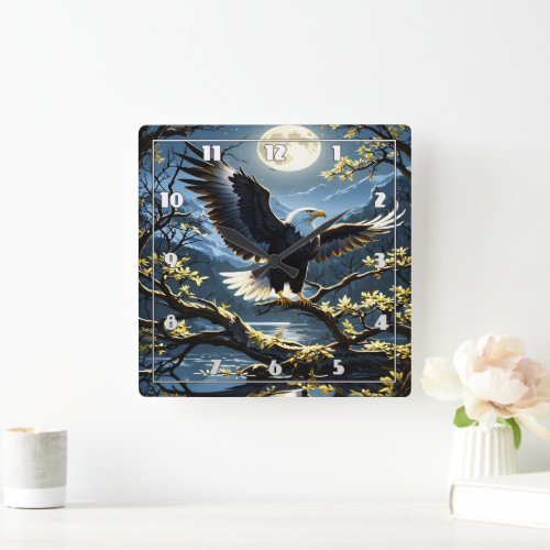 Eagle Spreads Wings on Branch Under Night Sky Square Wall Clock