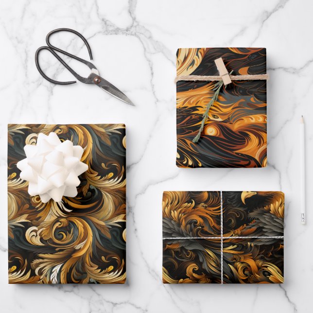 Eagle Totem & Feather Swirls Majestic Design Wrapping Paper Sheets (Front)