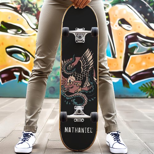 Eagle Vs Snake Retro Tattoo Style Custom Name Skateboard