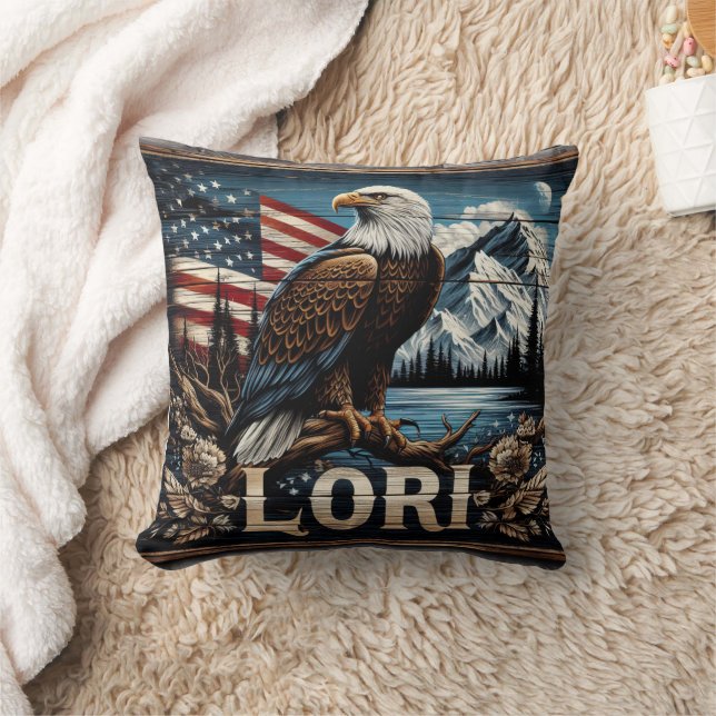 Eagle With American Flag Background Throw Pillow (Blanket)