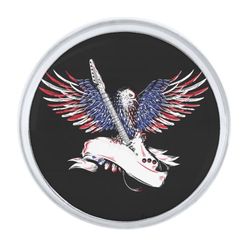 eagle with american flag color holiding guitar ill silver finish lapel pin