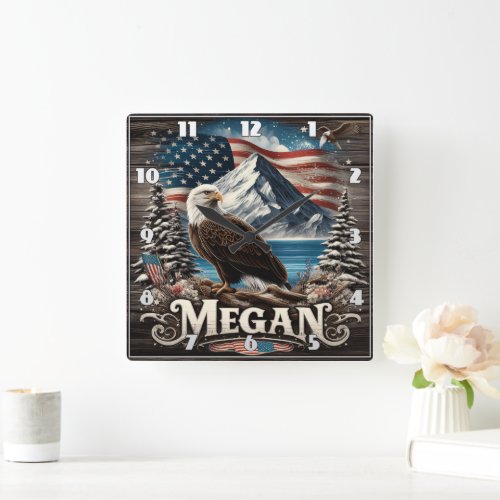 Eagle With Mountain and American Flag Square Wall Clock