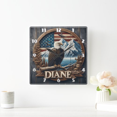 Eagle With Mountains  Flag Square Wall Clock