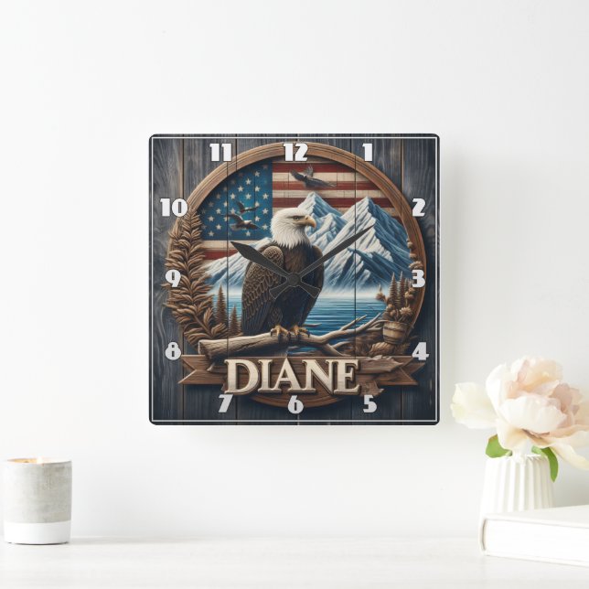 Eagle With Mountains & Flag Square Wall Clock (Home)