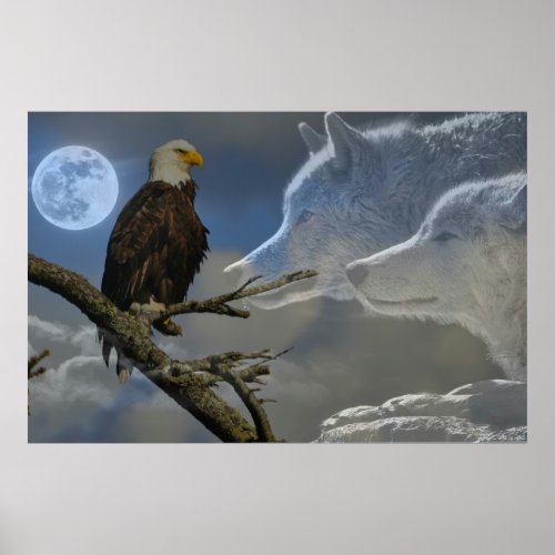 Eagle Wolves Full Moon Poster