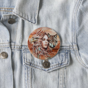 Eagle - Woman - Wolf - watercolor art 1 - Fan Fun Button