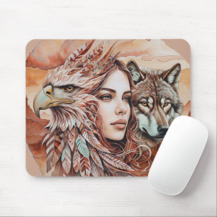Eagle - Woman - Wolf - watercolor art 1 - Fan Fun Mouse Pad