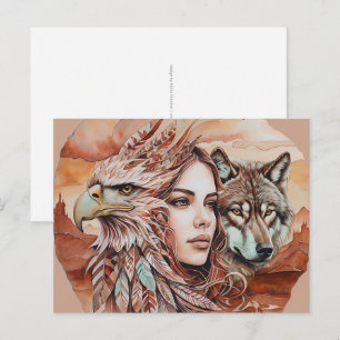 Eagle - Woman - Wolf - watercolor art 1 - Fan Fun Postcard
