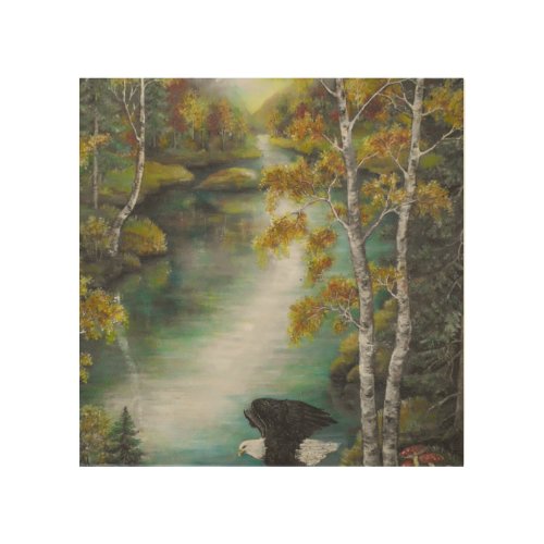 Eagles at the autumn mountain lake oil painting  wood wall art