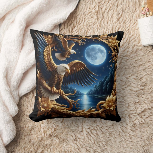 Eagles Perched In Moonlit Forest Throw Pillow (Blanket)