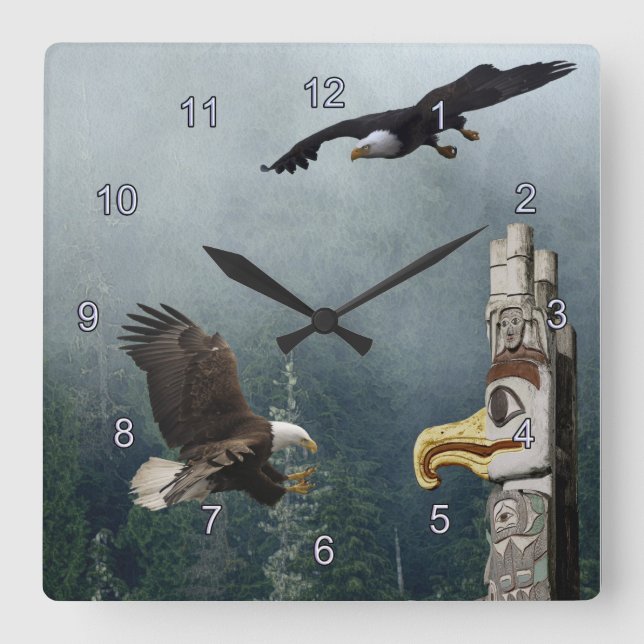 Eagles, Totem Pole & Forest Fantasy Art Clock (Front)