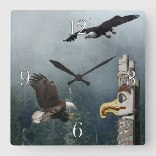 Eagles, Totem Pole & Forest Fantasy Art Clock