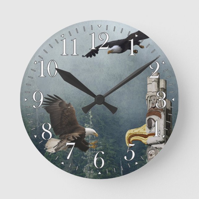 Eagles, Totem Pole & Forest Fantasy Art Clock (Front)