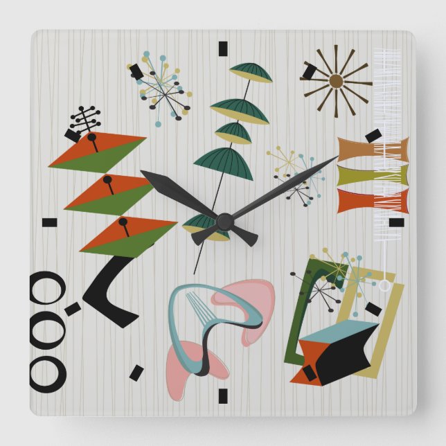 Eames-Era Retro Atomic Inspired Square Wall Clock (Front)