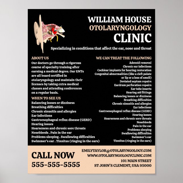 Ear Design, Otolaryngologist Otolaryngology Clinic Poster (Front)