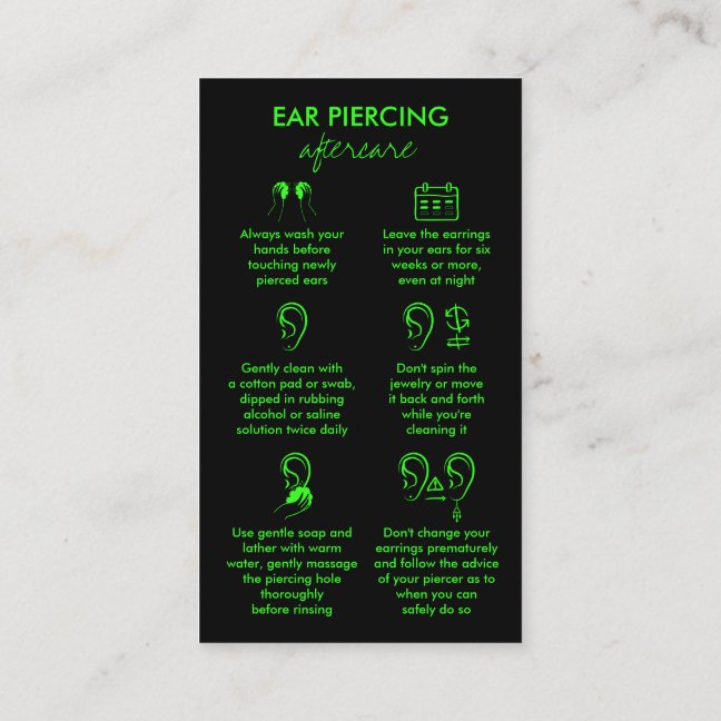 Ear Piercing Care Instructions Neon Green Business Card