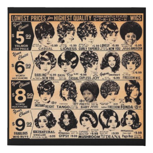 early 1970s wig advertisement faux canvas print