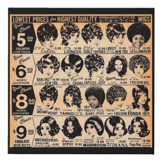 early 1970s wig advertisement faux canvas print (Front)