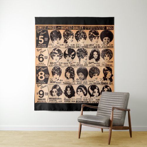 early 1970s wig advertisement print tapestry