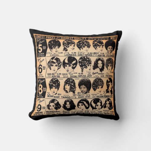  early 1970s wig advertisement print throw pillow