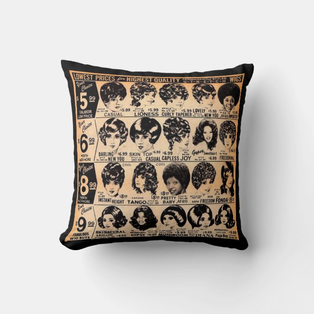  early 1970s wig advertisement print throw pillow (Front)