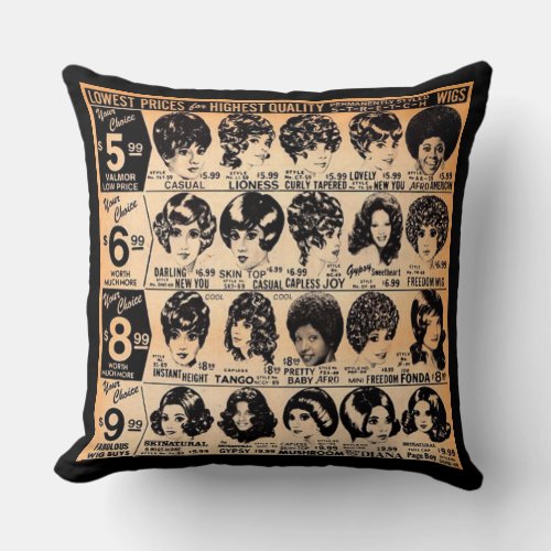 early 1970s wig advertisement print throw pillow