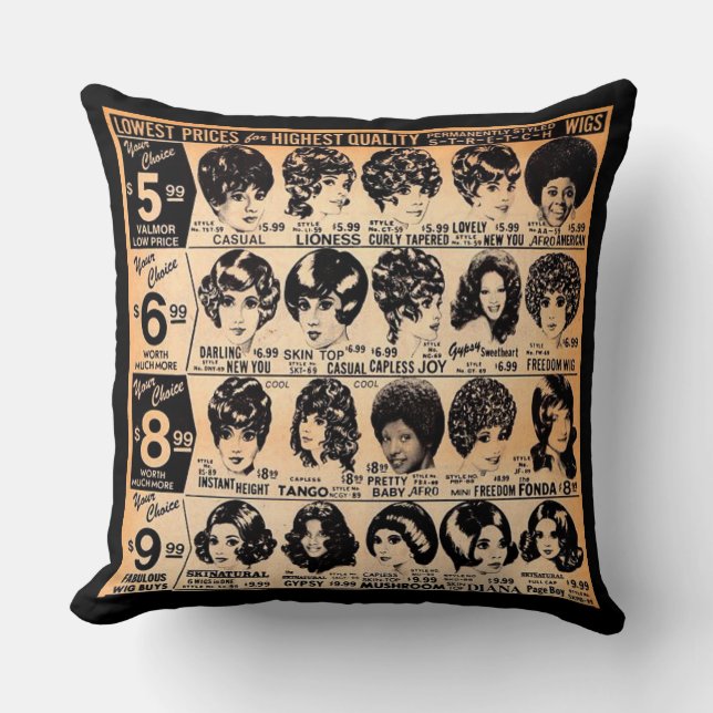 early 1970s wig advertisement print throw pillow (Front)