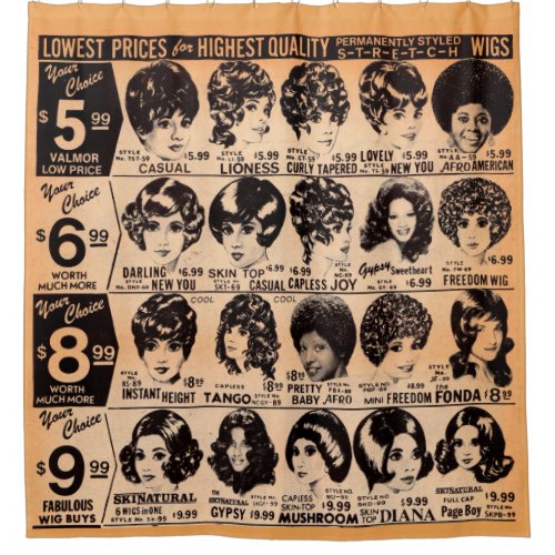 early 1970s wig advertisement shower curtain