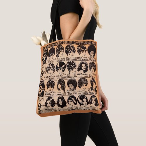 early 1970s wig advertisement tote bag