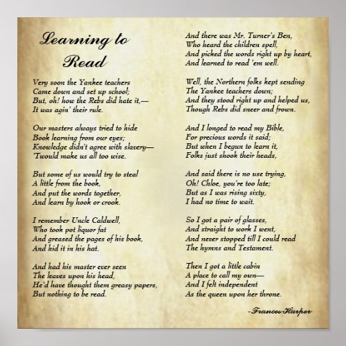 Early African American Poem Learning to Read Poster