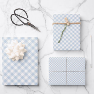 Early Autumn Retro Gingham Dusty Blue Wrapping Paper Sheets