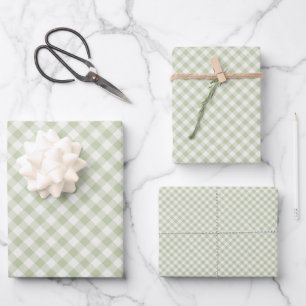 Early Autumn Retro Gingham Soft Olive Wrapping Paper Sheets