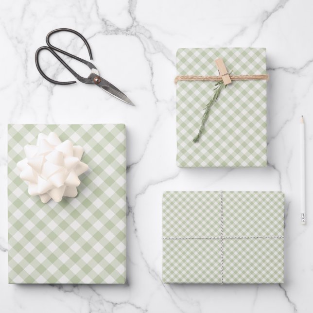 Early Autumn Retro Gingham | Soft Olive Wrapping Paper Sheets (Front)