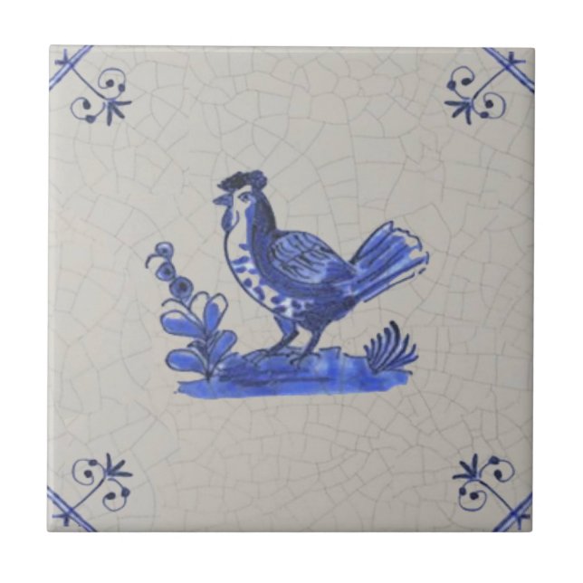 Early Blue Delft Handpainted Hen Antique Repro  Ceramic Tile (Front)