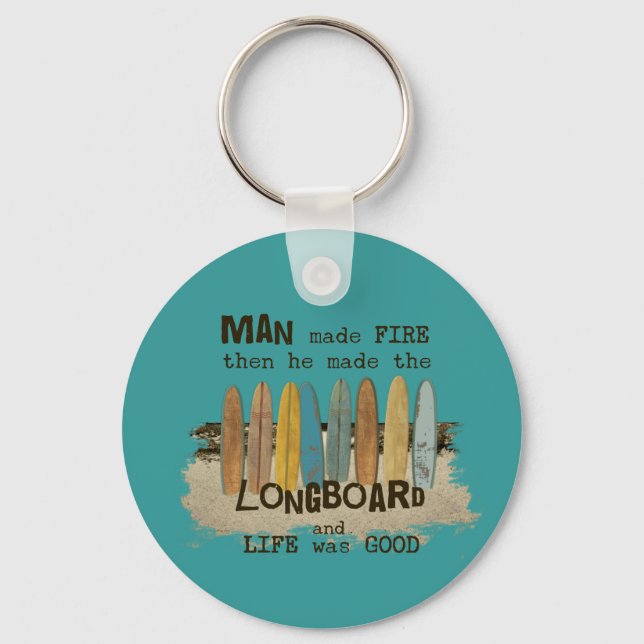 Early Man Surfing Humor with Longboards Keychain (Front)