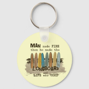 Early Man Surfing Humor with Longboards Keychain