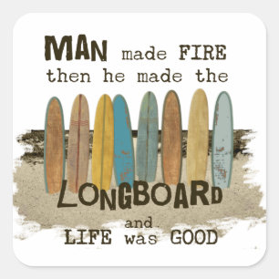 Early Man Surfing Humor with Longboards Square Sticker
