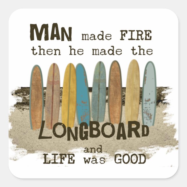 Early Man Surfing Humor with Longboards Square Sticker (Front)